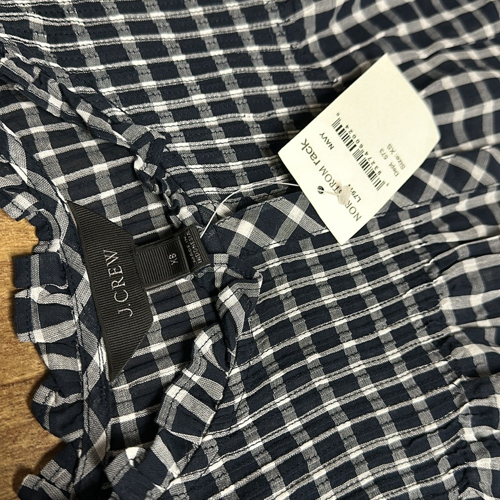 J Crew nwt 100% cotton navy blue white plaid button ruffle blouse top - Picture 4 of 6